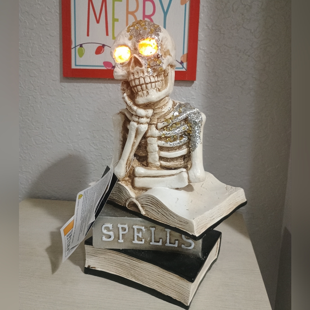 Illuminated Skeleton Bookend with Glitter Accents